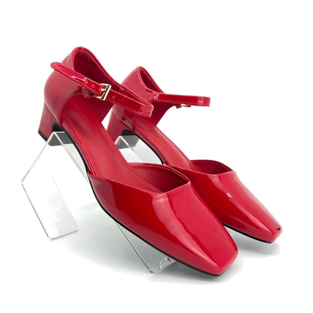 Coutgo Women 9.5 Red Patent D'Orsay Pumps Ankle Strap Low Block Heels